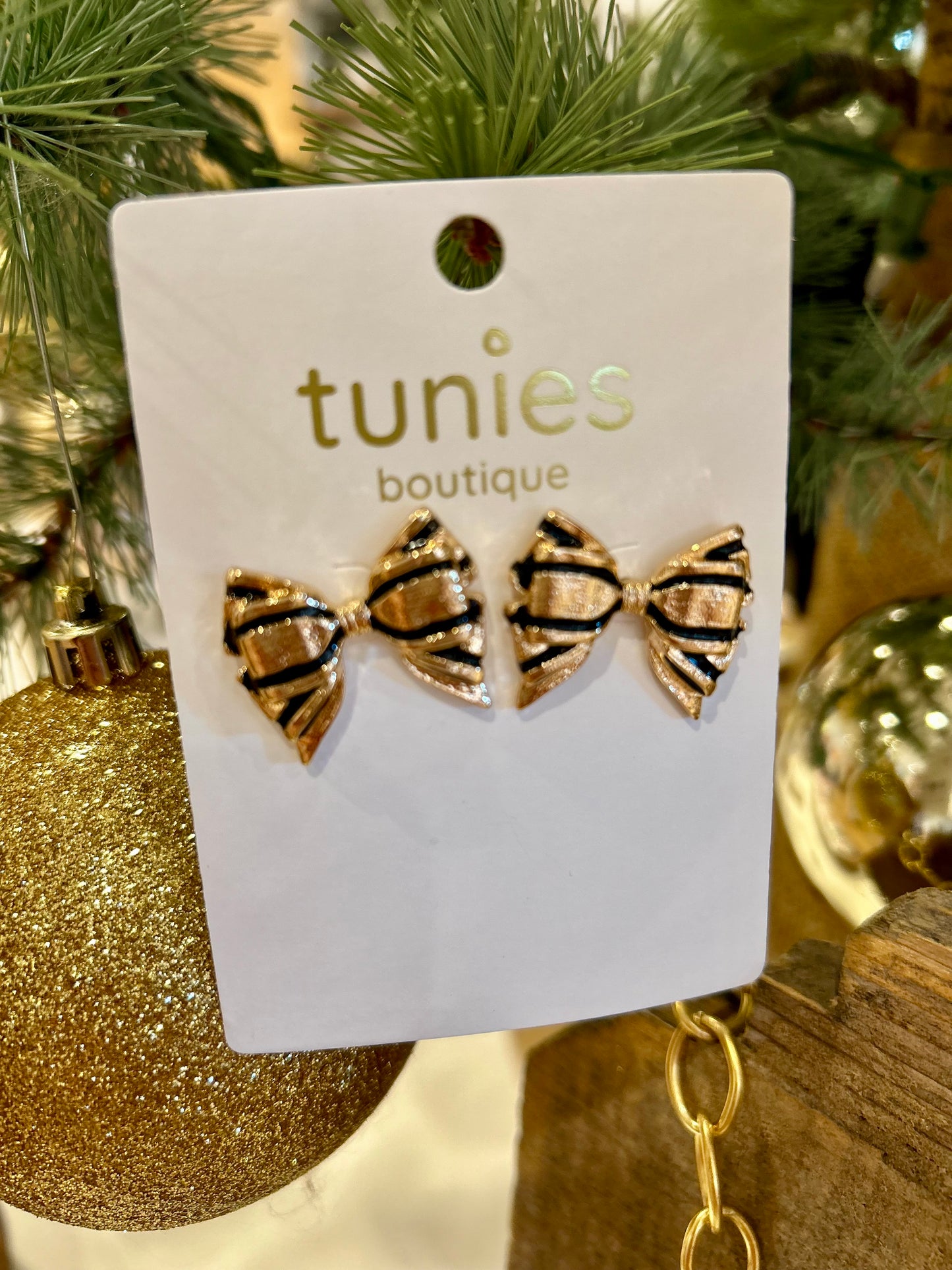 Gold & Black Striped Bow Tie Earrings