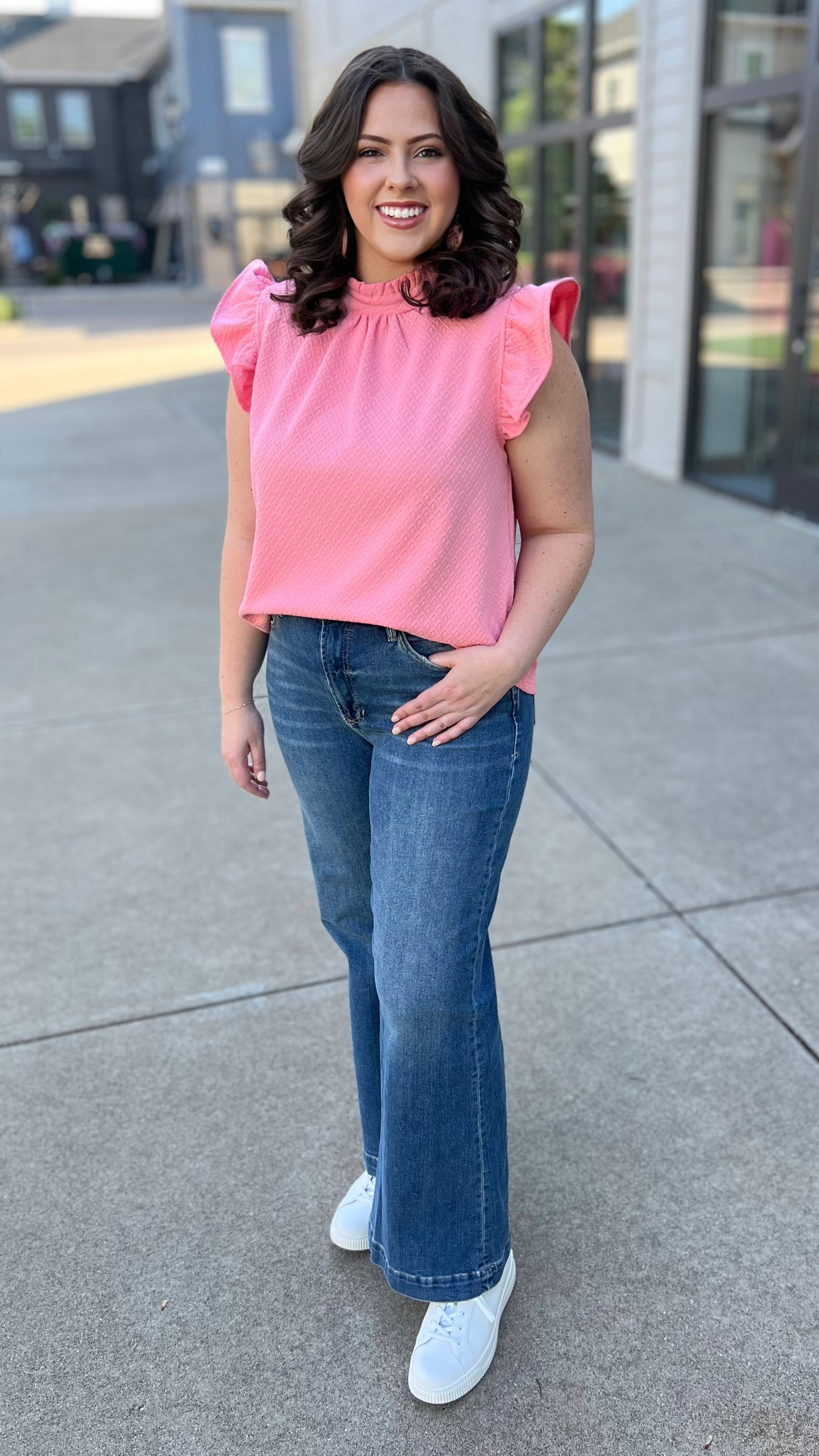 Quilted Flutter Sleeve Top - Pink