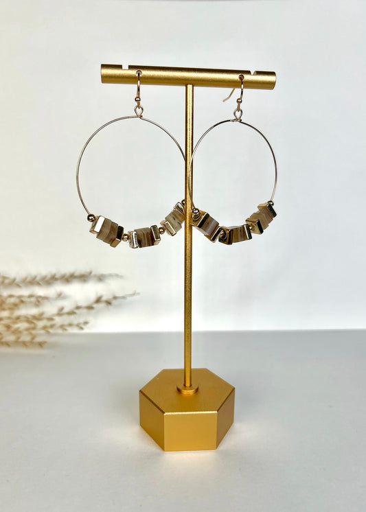 Square Bead Dangle Hoop Earrings - Gold & Taupe