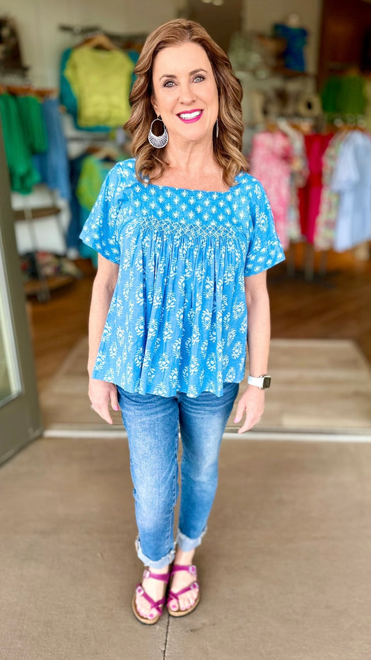 Ivy Jane Blue Floral Smocked Square Neck Blouse