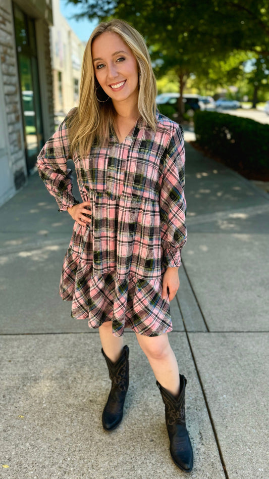 Acid Wash Flannel Dress - Pink