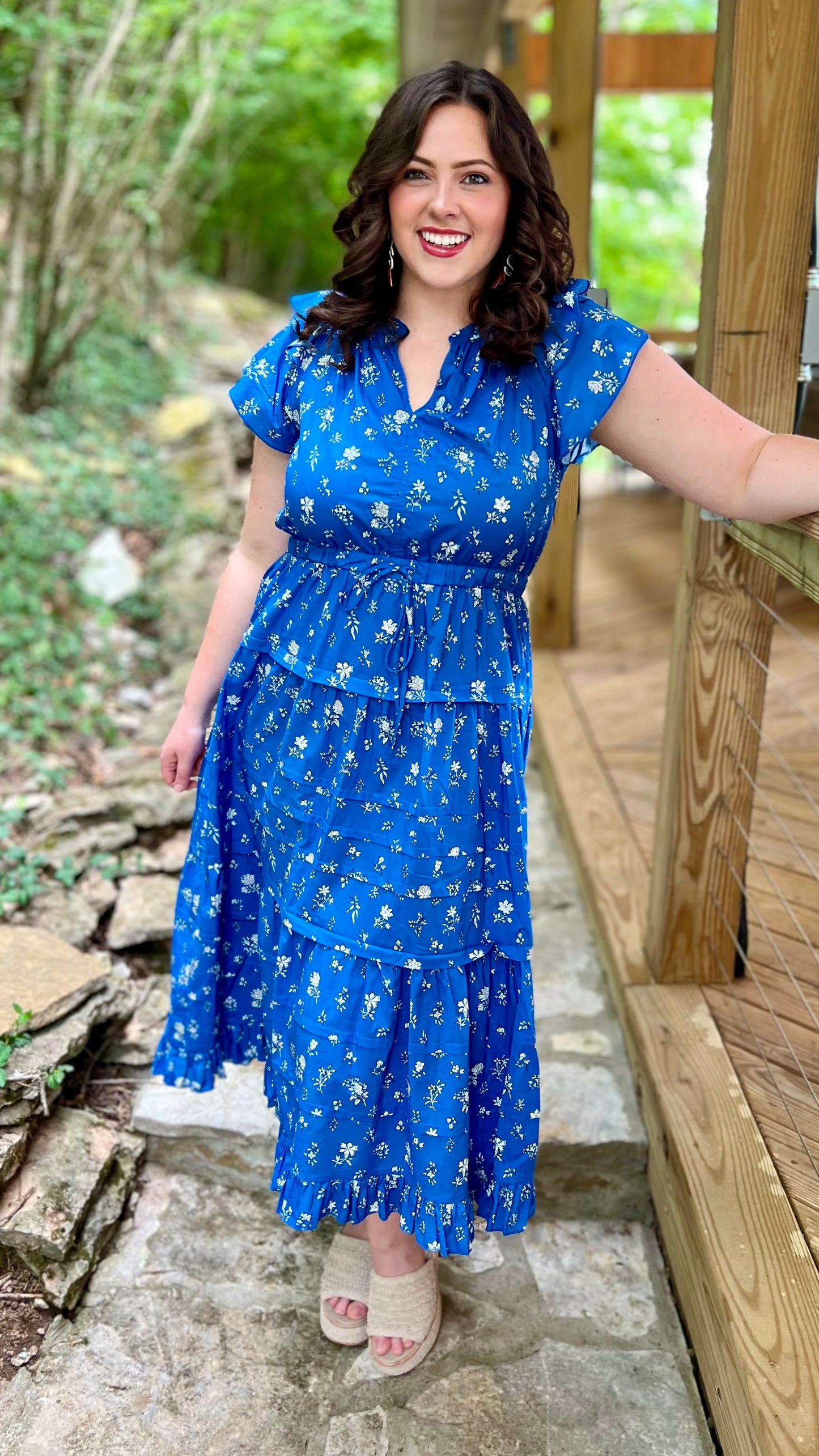 Fabulous Floral Blue Tiered Midi Dress