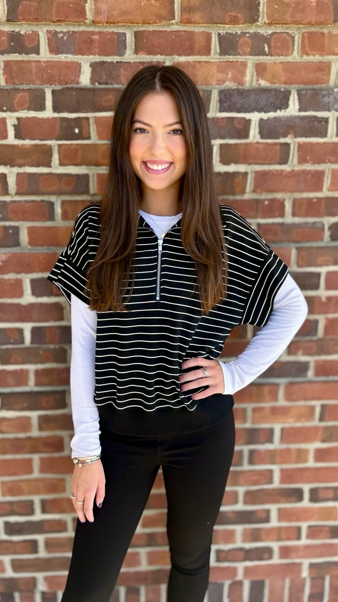 Black and White  Stripe Zip Top