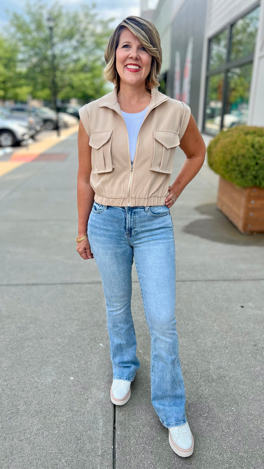 Taupe Mock Neck Zipper Vest