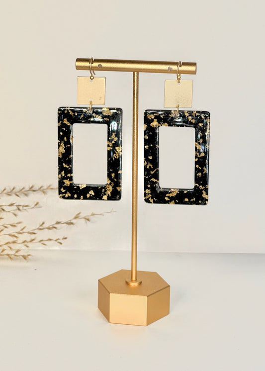 Black & Gold Fleck Acrylic Rectangle Earrings