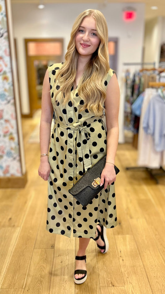 Sage Polka Dot Belted Shirt Dress