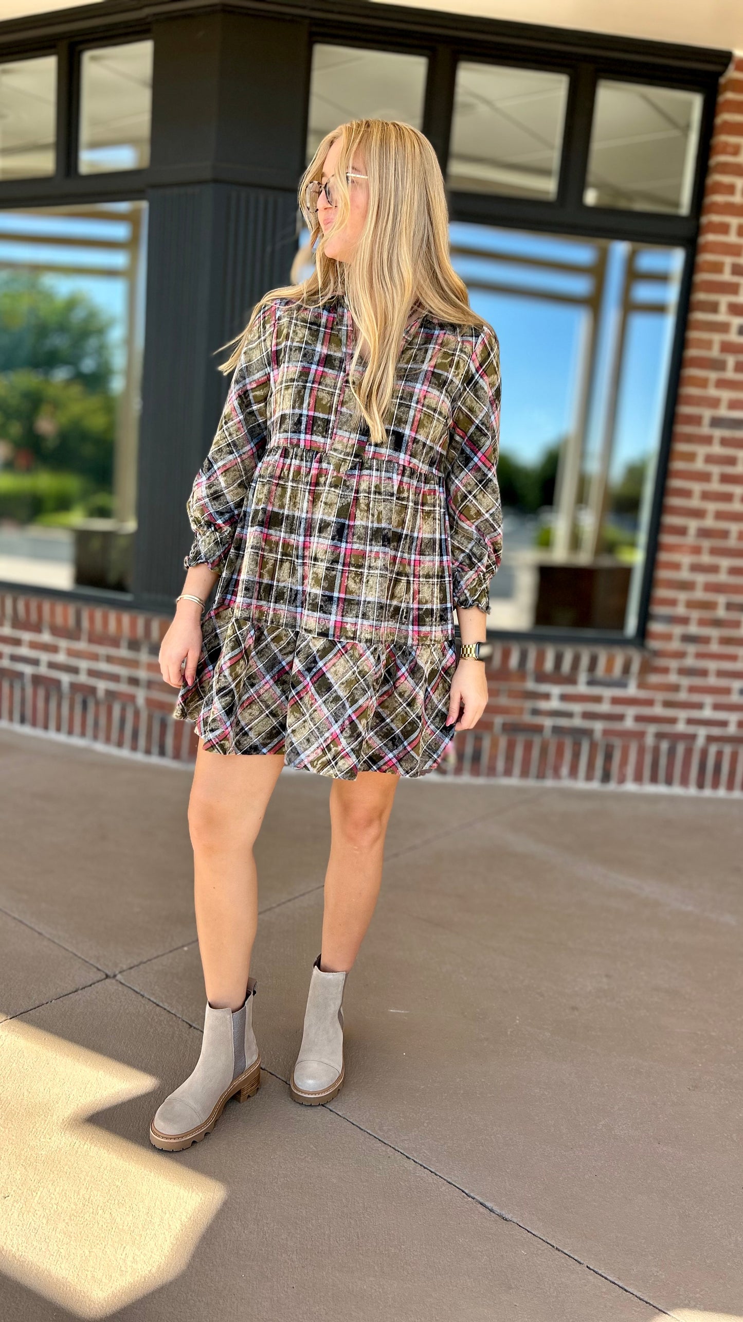 Acid Wash Flannel Dress - Olive