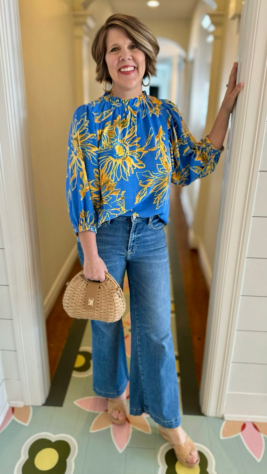 Floral Ruffle Neck Blouse - Blue