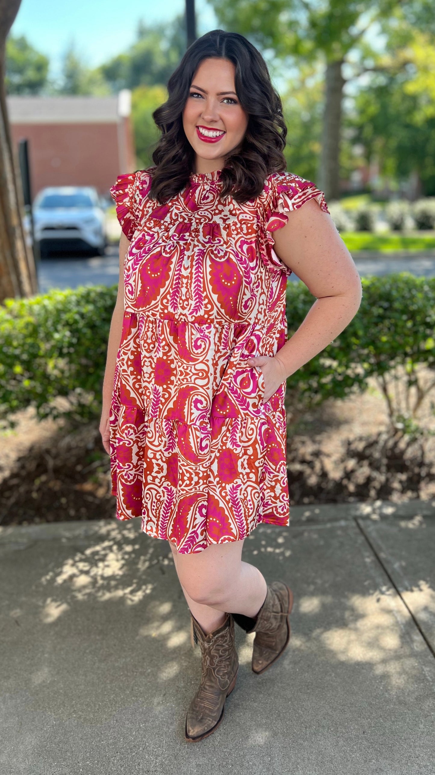 Precious Paisley Tiered Rust Dress