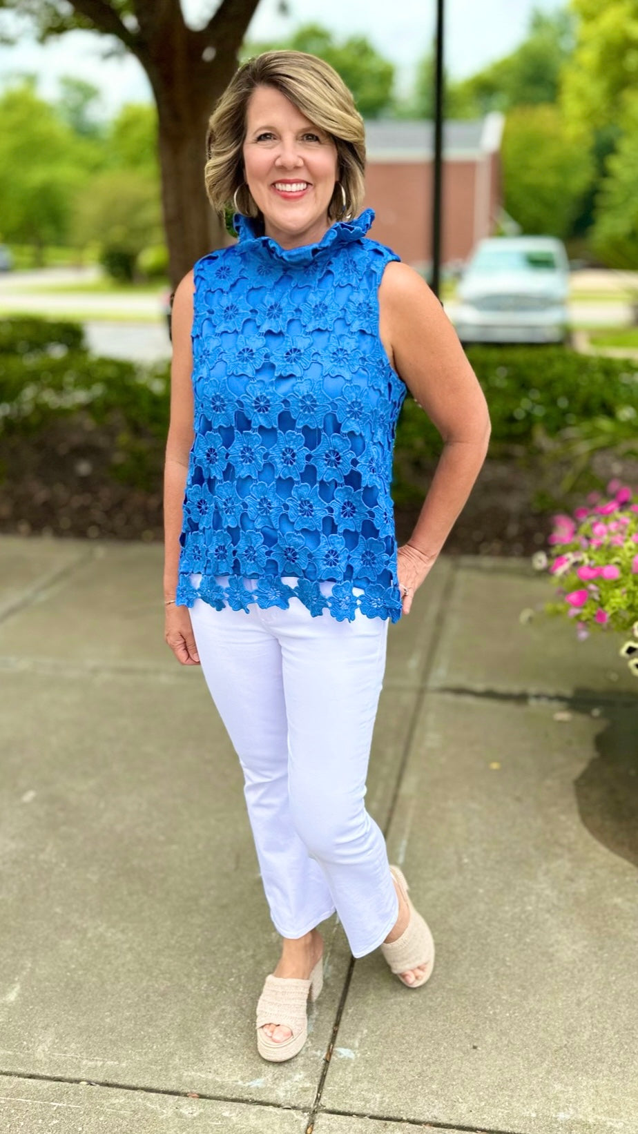 Floral Lace Tie Neck Top - Blue