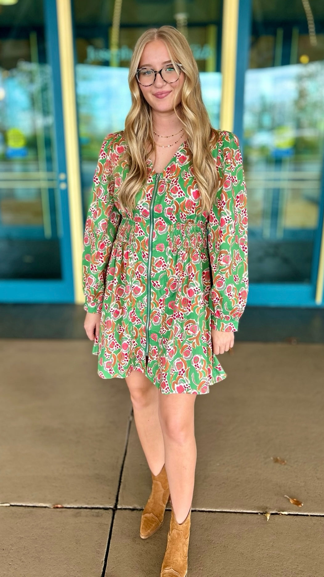 Green Floral Zip Mini Dress