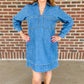 Long Sleeve Double Pocket Denim Dress - Blue Jean