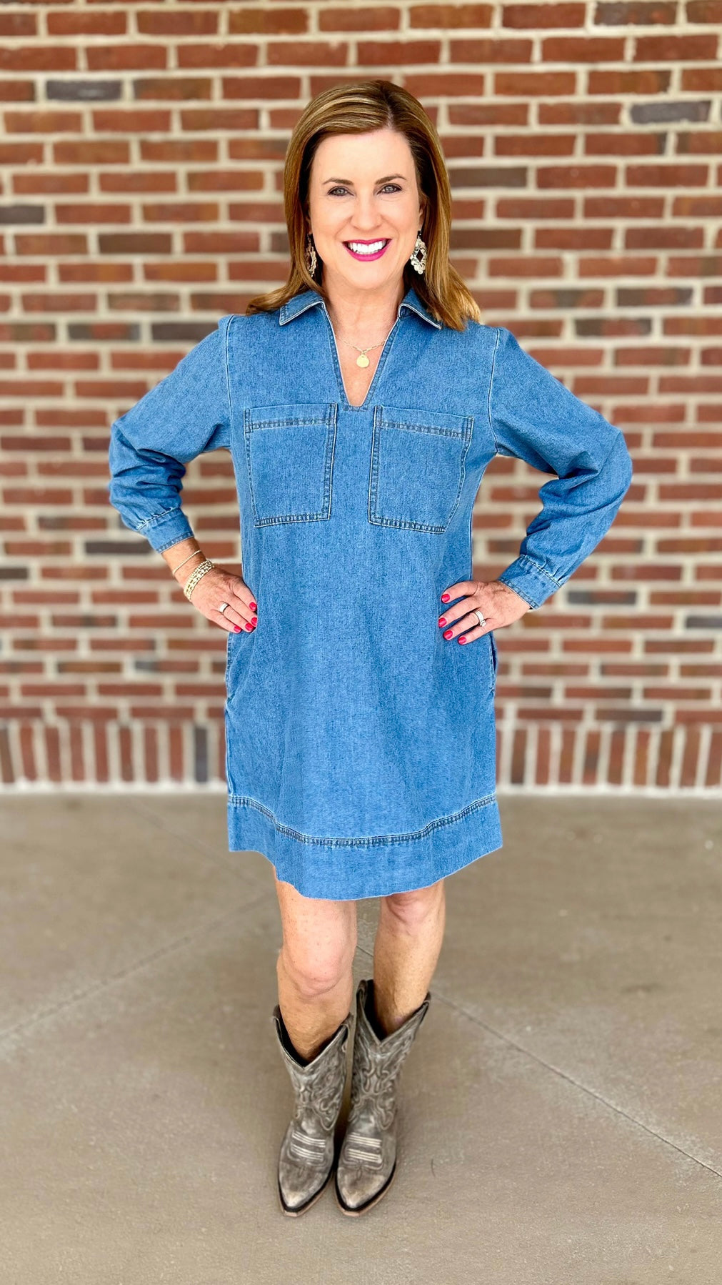 Long Sleeve Double Pocket Denim Dress - Blue Jean