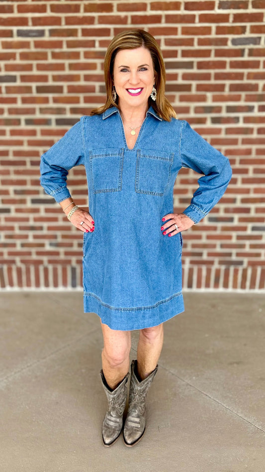 Long Sleeve Double Pocket Denim Dress - Blue Jean