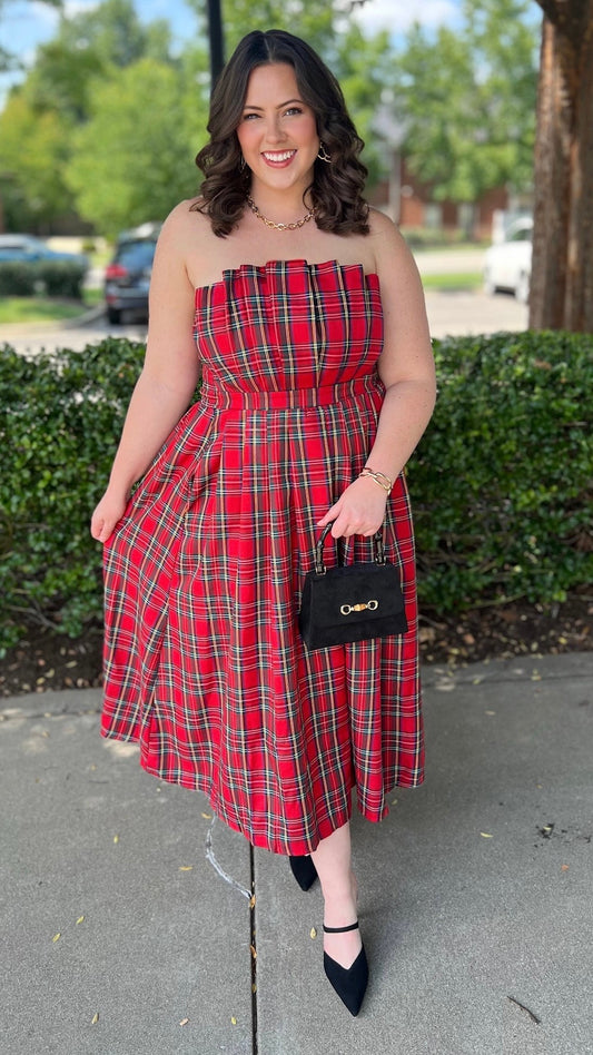 Red Plaid Scallop Strapless Dress