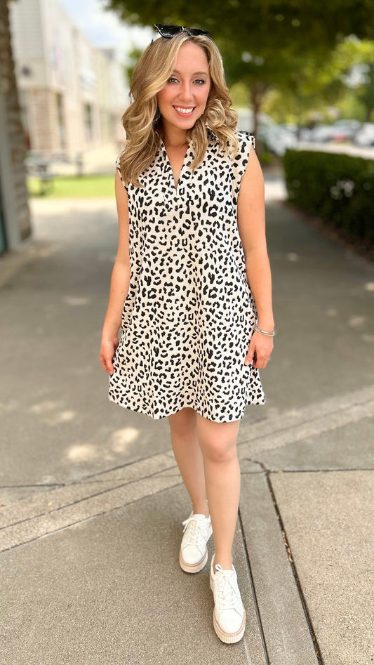 Lovable Leopard Sleeveless Dress - Ecru