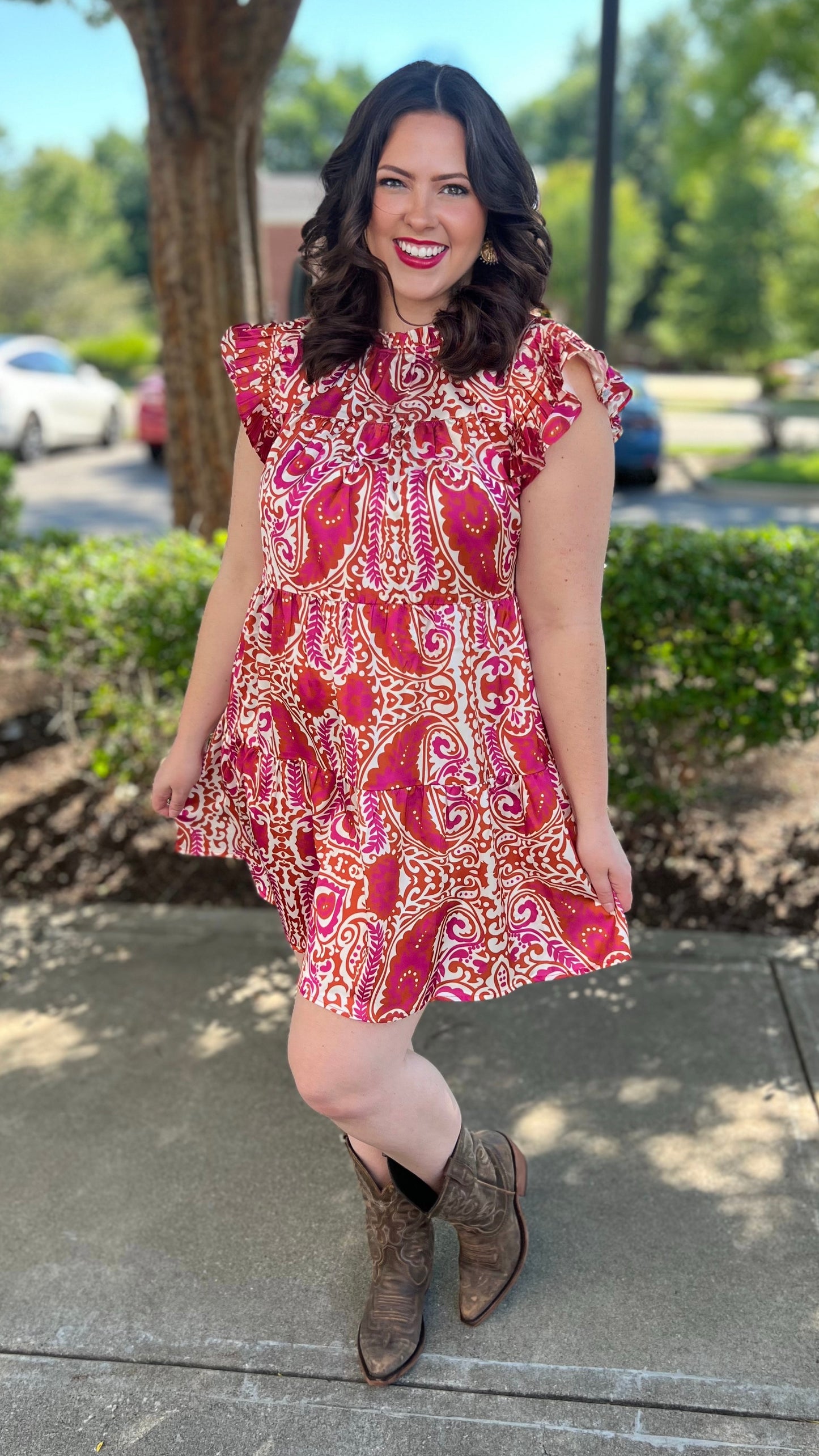 Precious Paisley Tiered Rust Dress