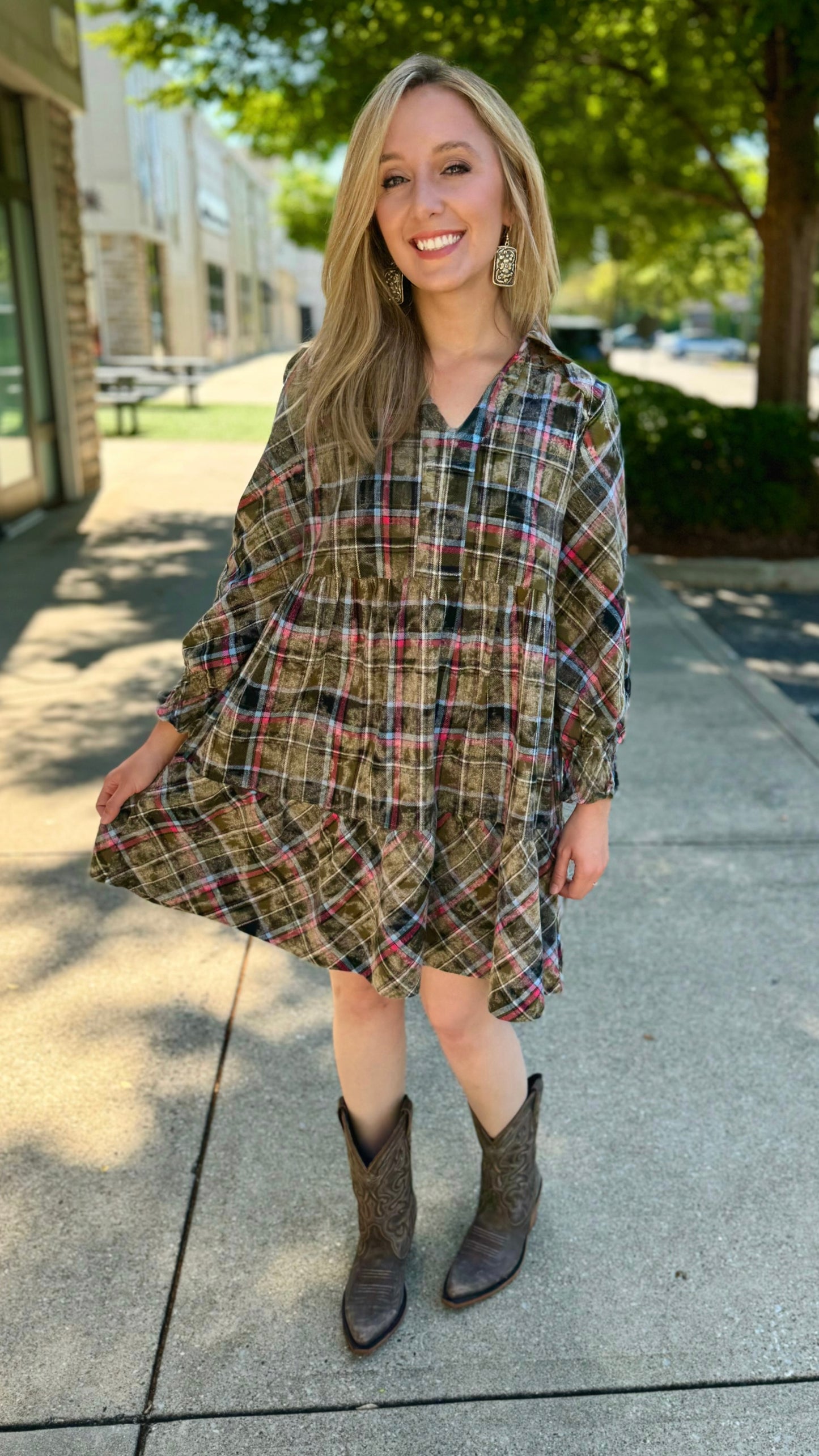 Acid Wash Flannel Dress - Olive