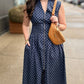 Zip Up Midi Dress - Navy Polka Dot