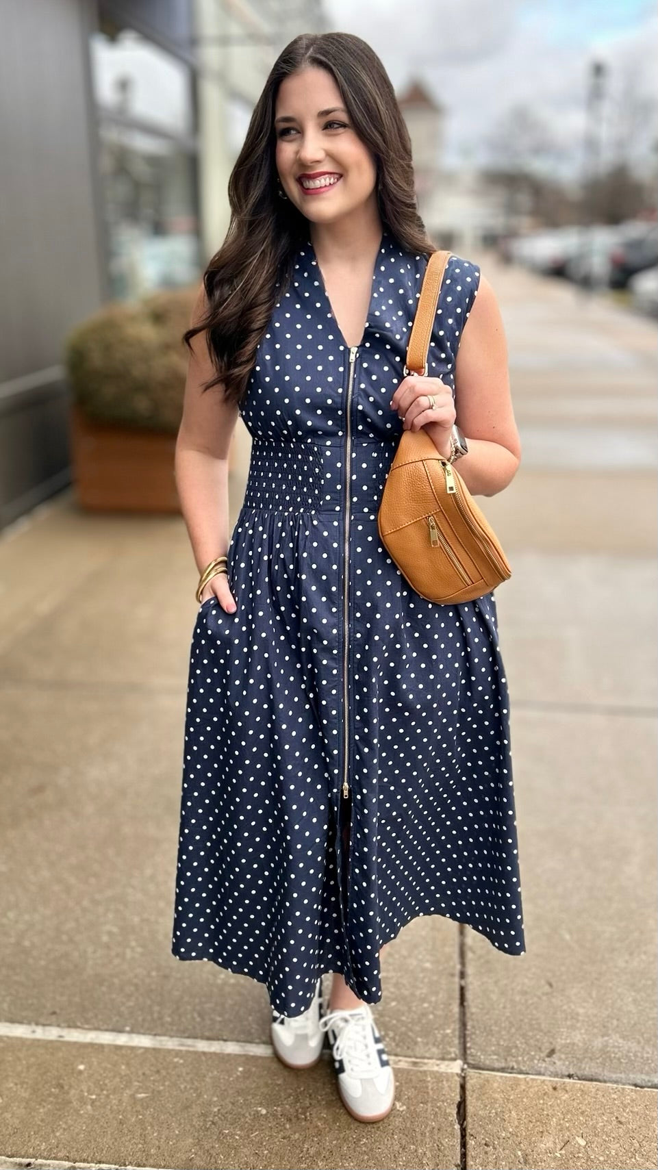 Zip Up Midi Dress - Navy Polka Dot