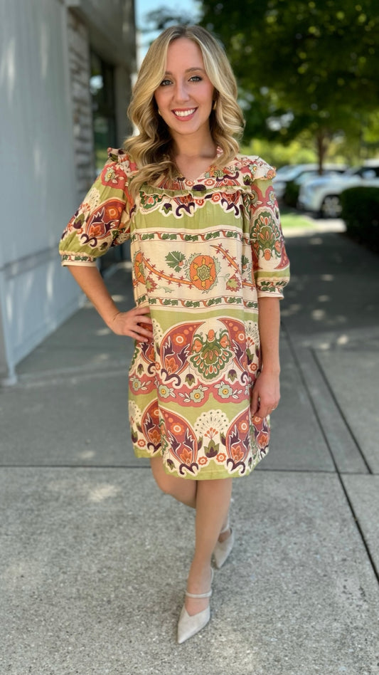 Harvest Green Paisley Ruffle Neck Dress