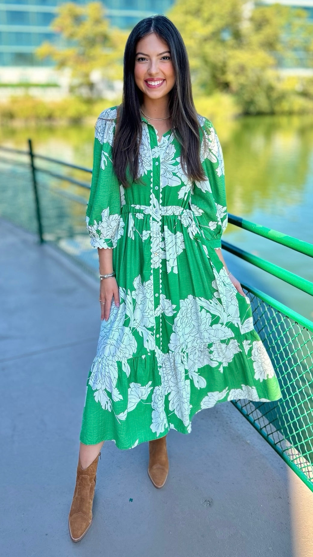 Green Floral Midi Dress with Ric Rac Trim