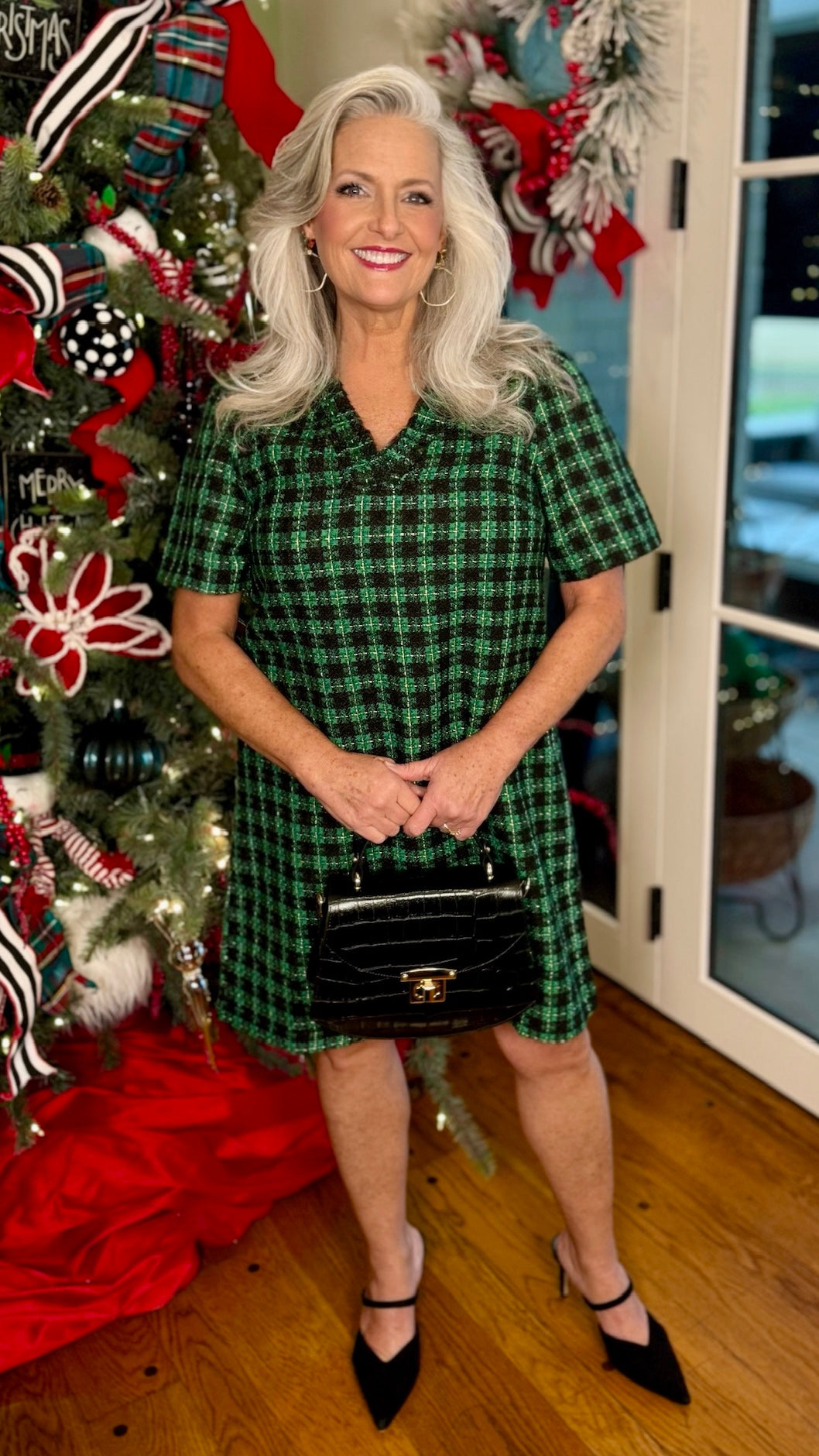 Plaid Tweed Ruffle Neck Dress - Green