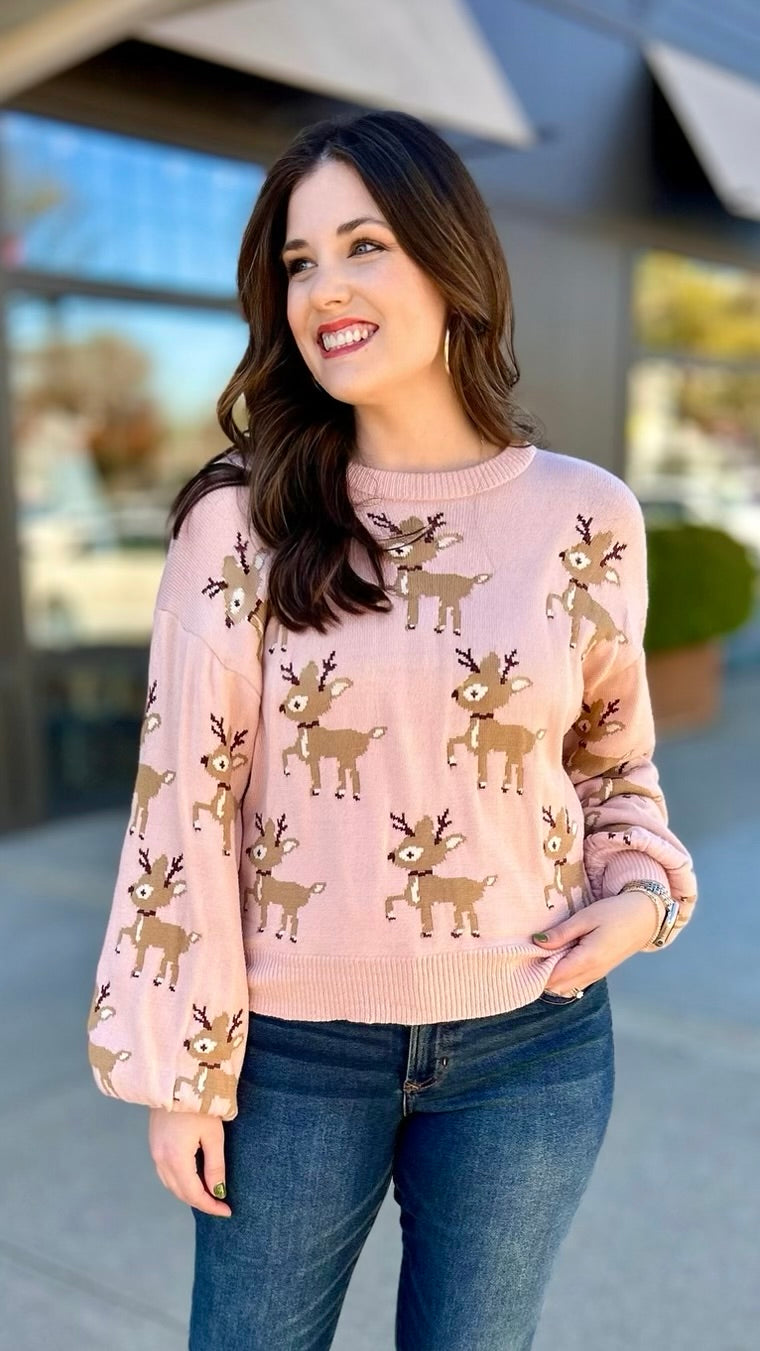 Reindeer Holiday Sweater - Blush