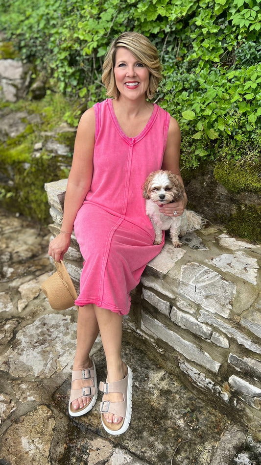 Adventure Awaits V-Neck Midi Dress - Fuchsia