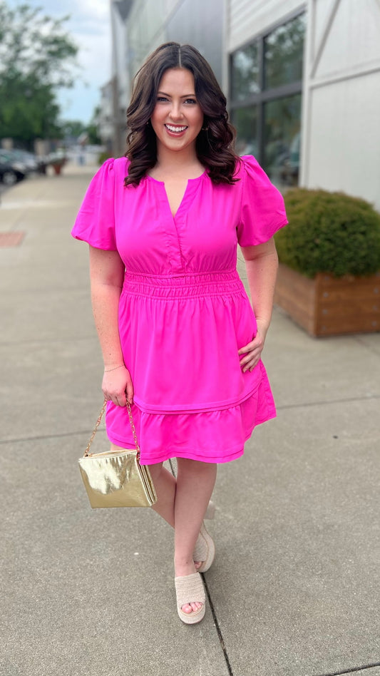 Perfect Puff Sleeve Dress - Hot Pink