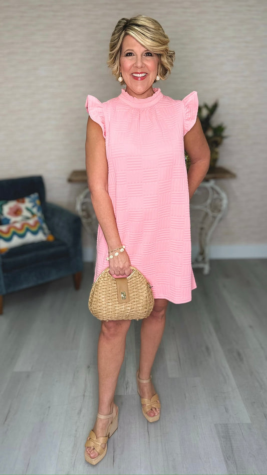 Textured Flutter Sleeve Shift Dress - Pink