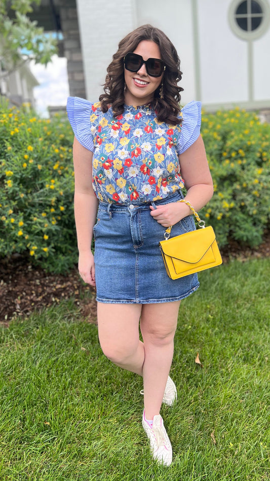 Fun Floral Flutter Sleeve Blouse - Blue