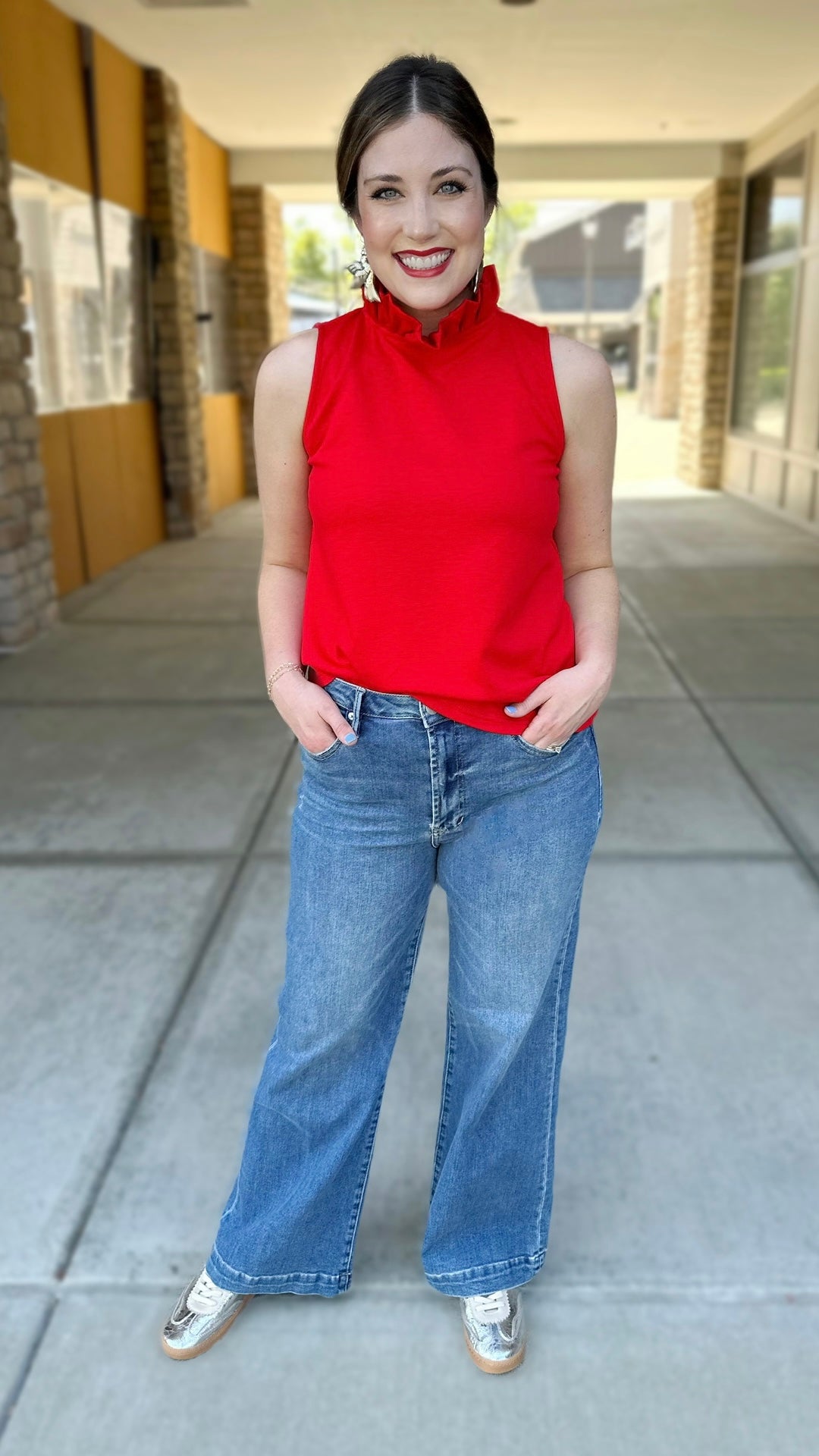 Richelle Ruffled Neck Sleeveless Top - Red