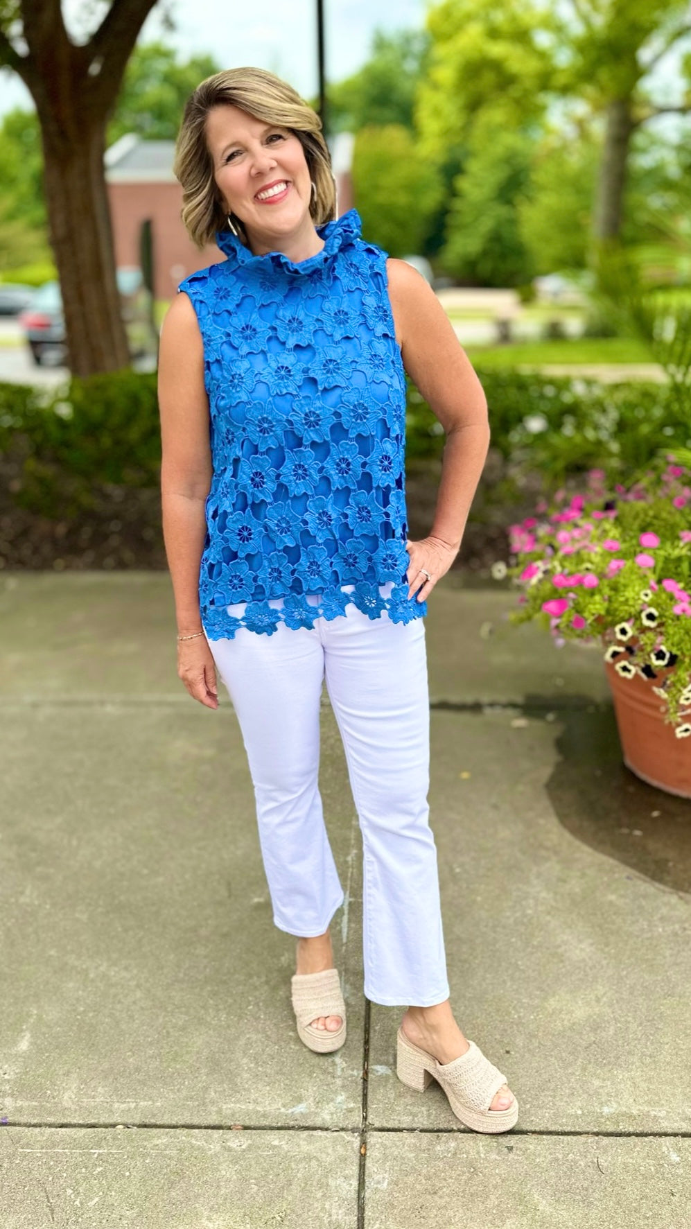 Floral Lace Tie Neck Top - Blue