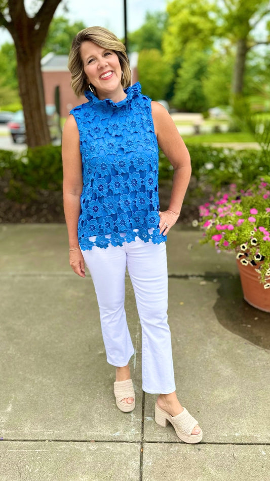 Floral Lace Tie Neck Top - Blue