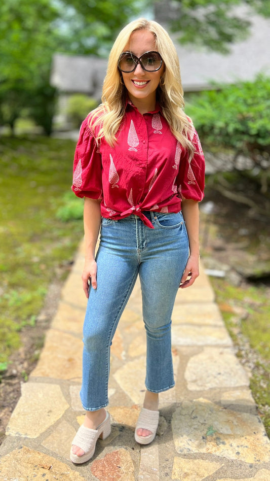 Stark X Puff Sleeve Button Up - Red / White Print