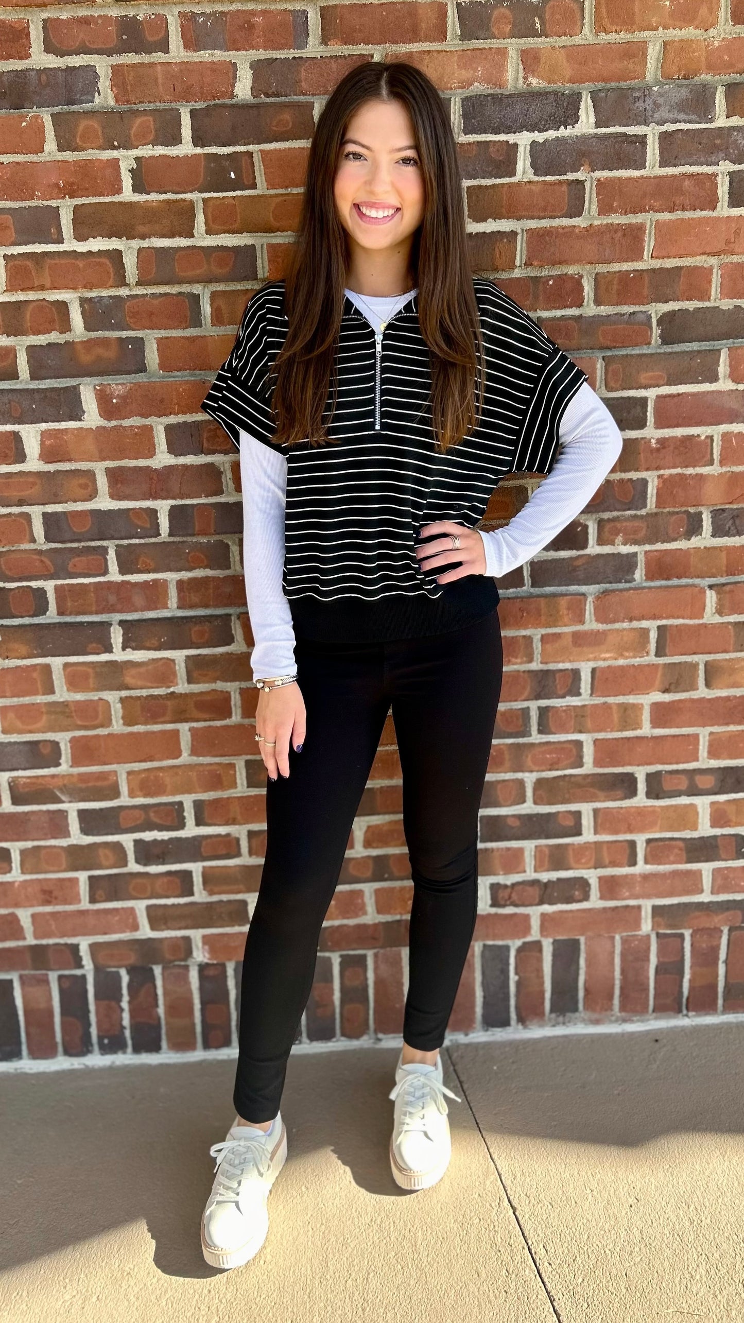 Black and White  Stripe Zip Top