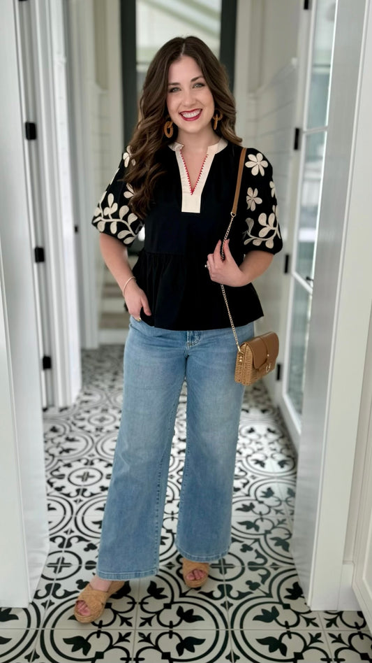 Flirty Embroidered Sleeve Top - Black