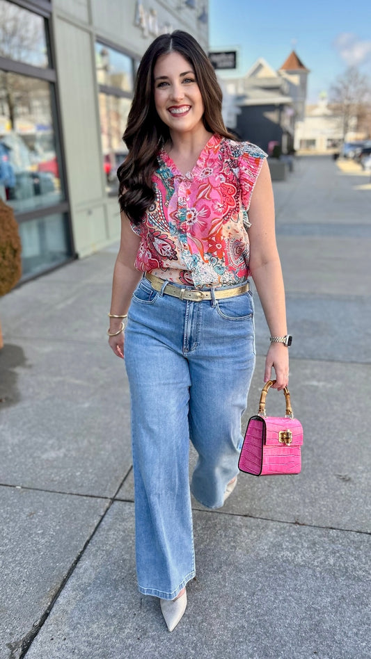 Pink Pleated Sleeve Floral Top