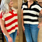 Striped Collared Short Sleeve Sweater - Black and White