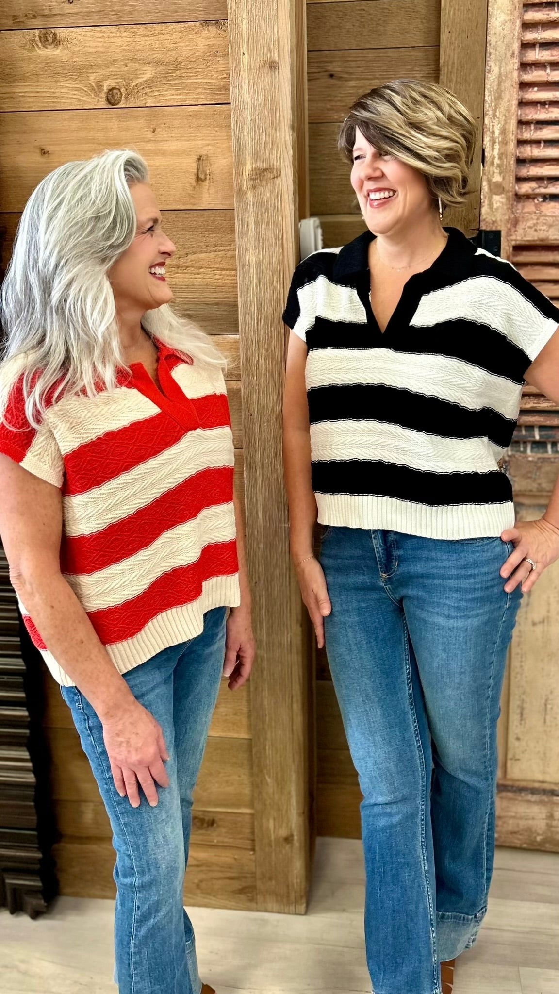 Striped Collared Short Sleeve Sweater - Black and White