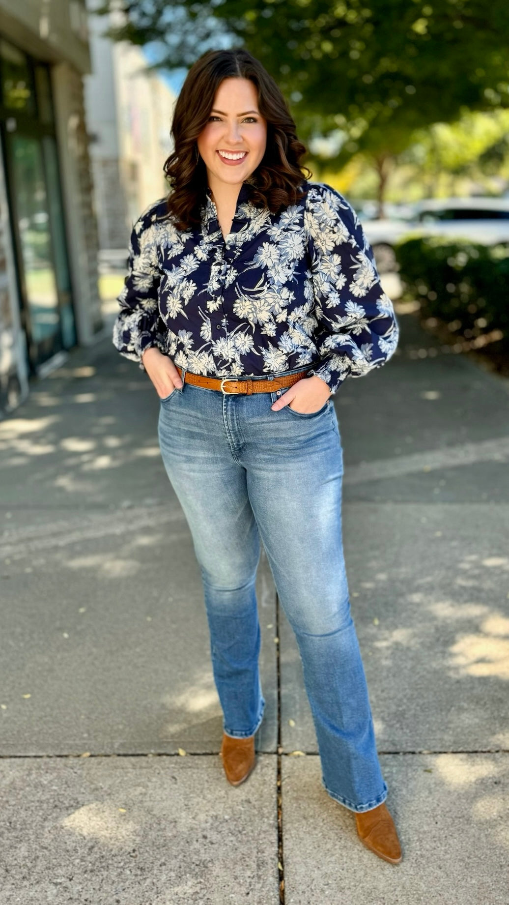 Floral Button Up Blouse - Navy