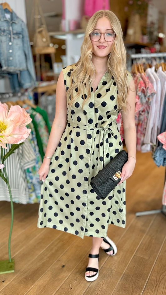 Sage Polka Dot Belted Shirt Dress