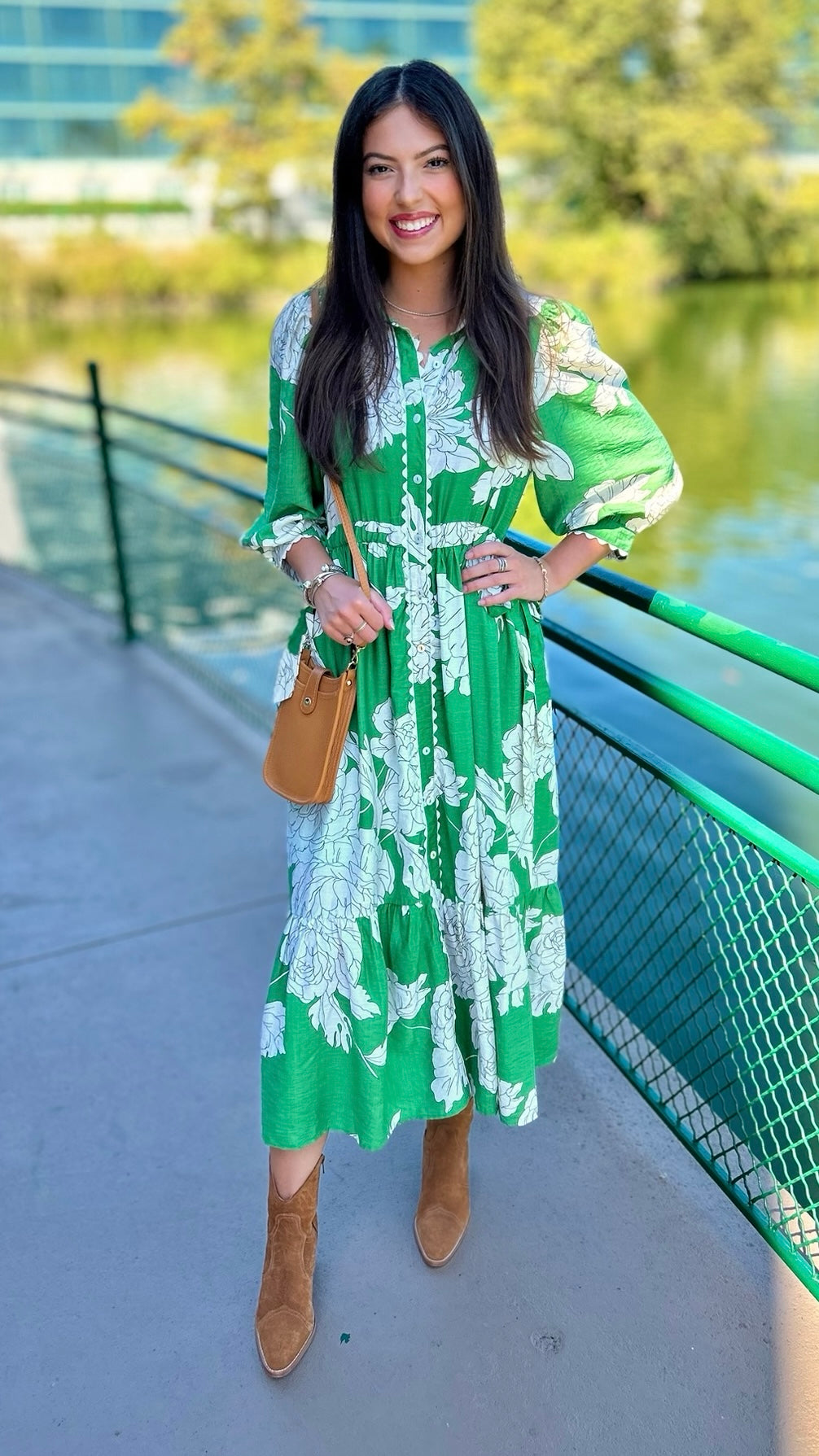 Green Floral Midi Dress with Ric Rac Trim