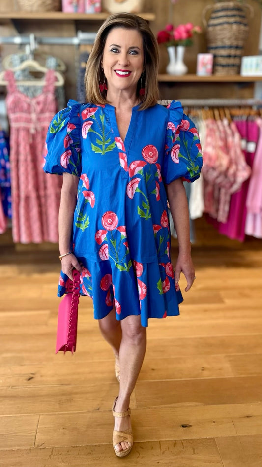 Royal Blue With Red & Pink Poppies Dress