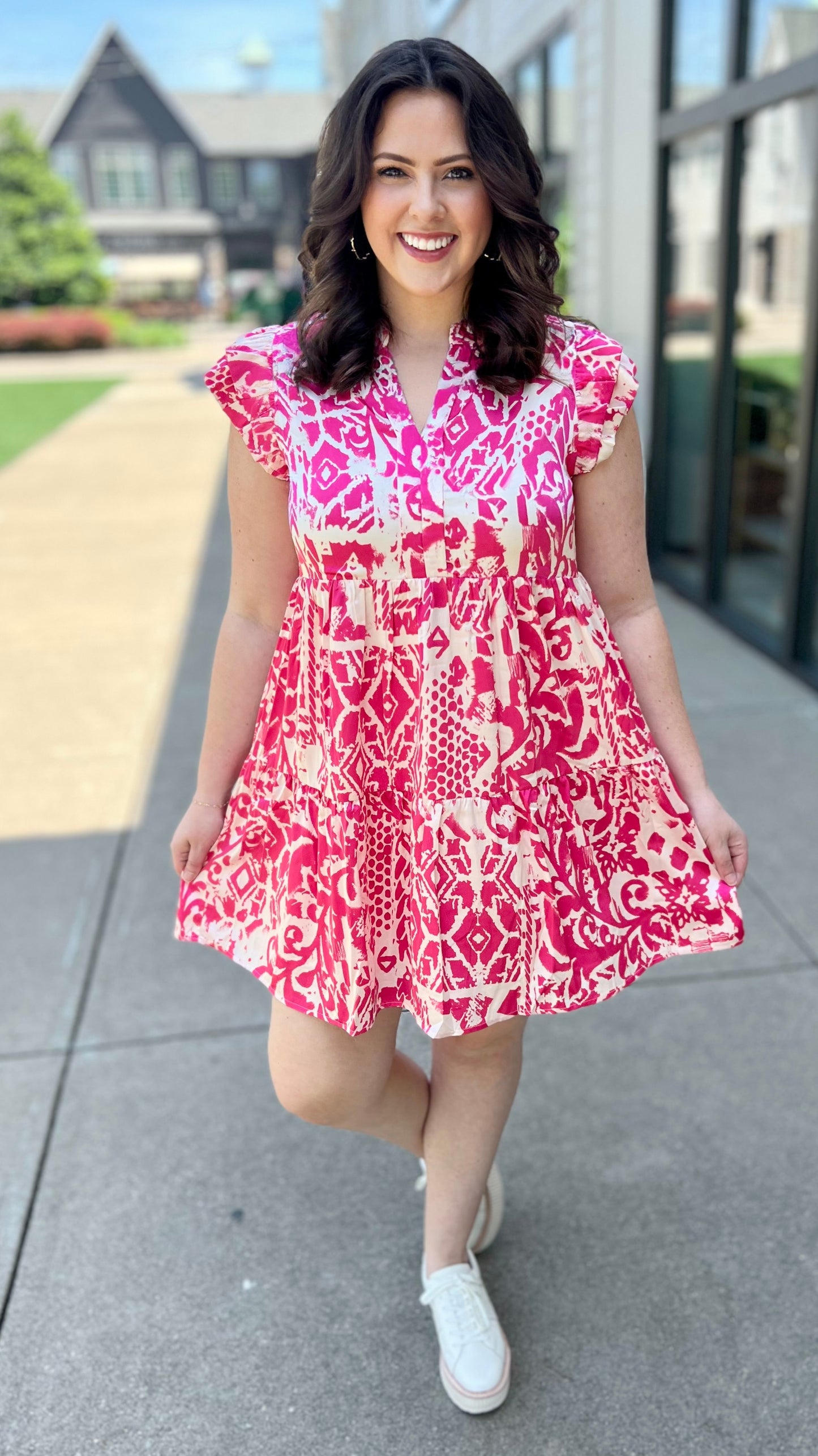 Awesome Abstract Flutter Sleeve Dress - Pink