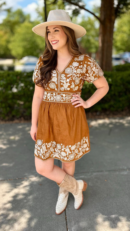 Mandy Embroidered Dress - Camel