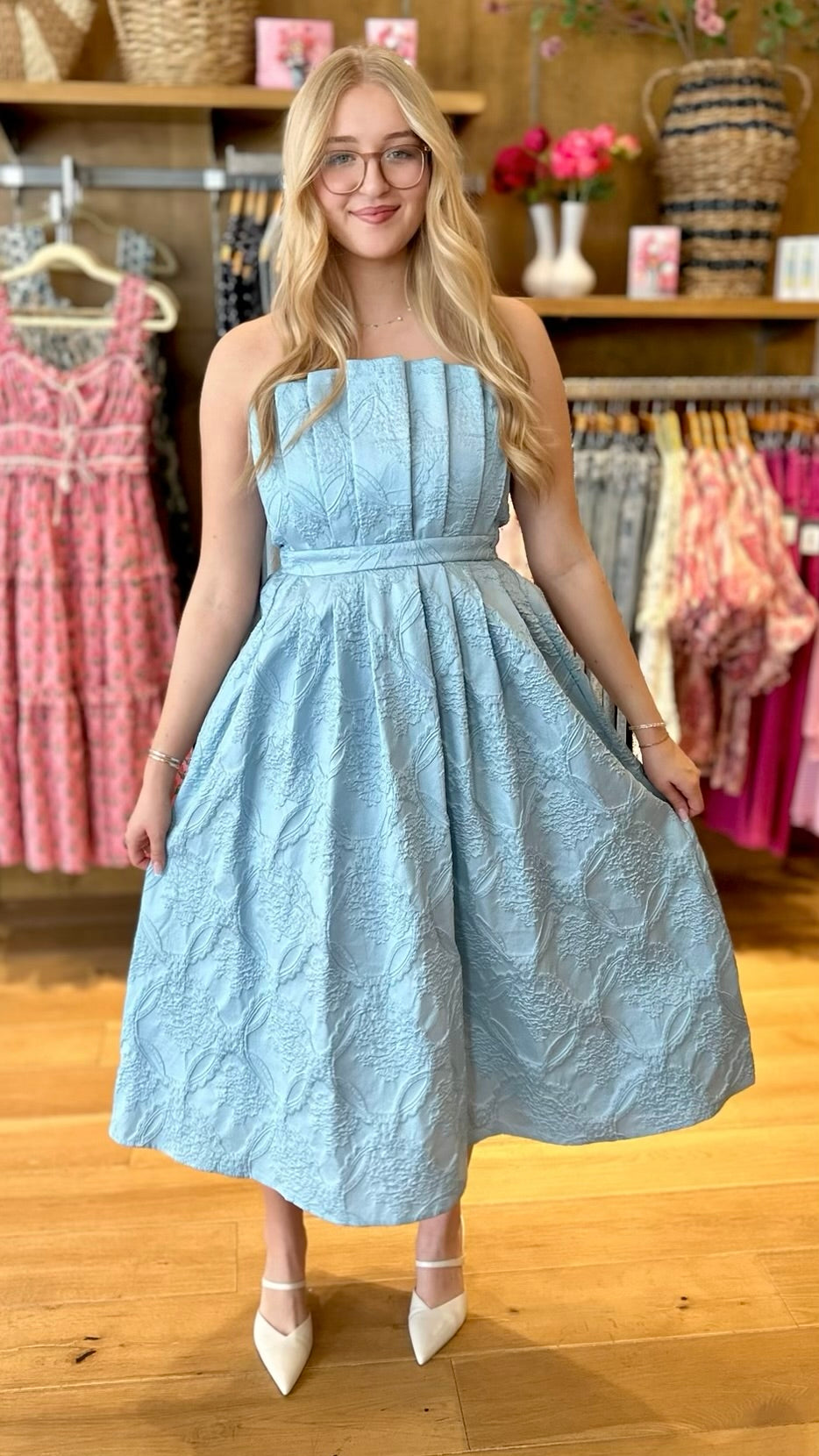 Jacquard Strapless Dress - Light Blue