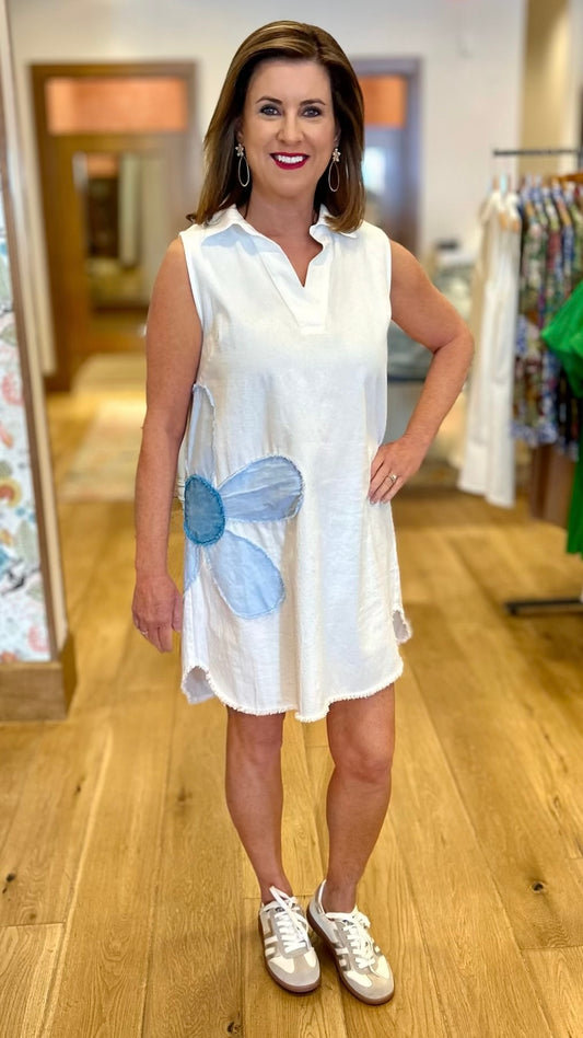 Denim Dress With Applique Daisy - White/Blue