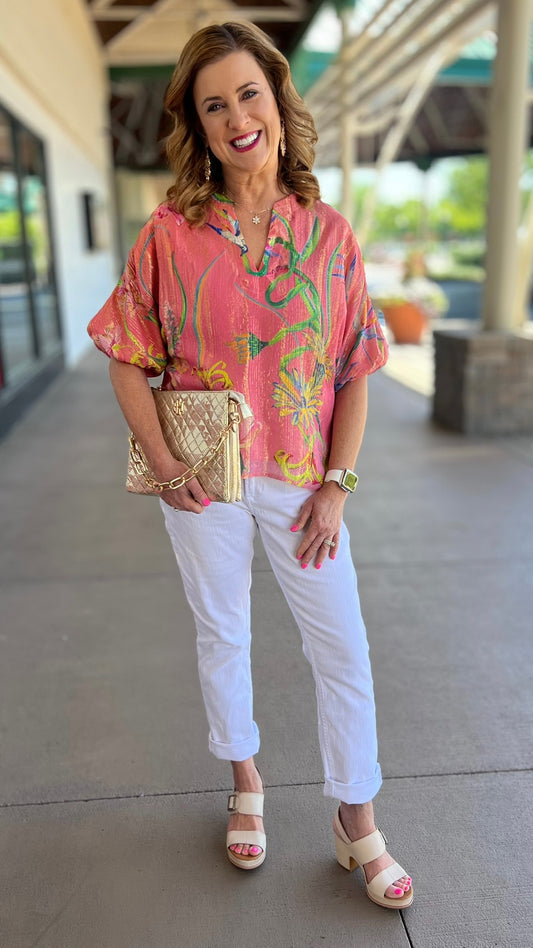 Just Bellina Peach Floral Sparkle Top